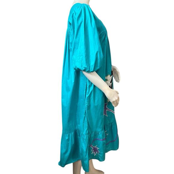 Vintage 70s Ramona Rule Dress, Giraffe Graphic Flowers One Size Teal - Picture 2 of 8